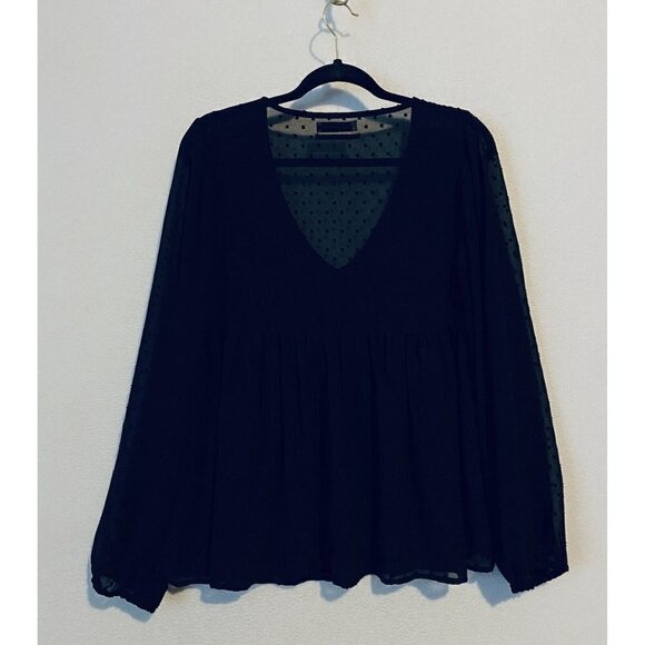 Urban Outfitters Top Womens Medium Clip Dot Babydoll V Neck Sheer Black Boho - Picture 6 of 10
